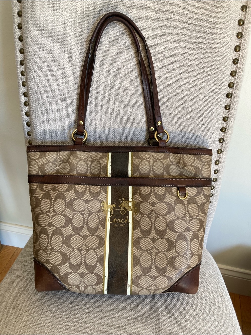 Coach Brown Signature Canvas Tote with Stripe Detail